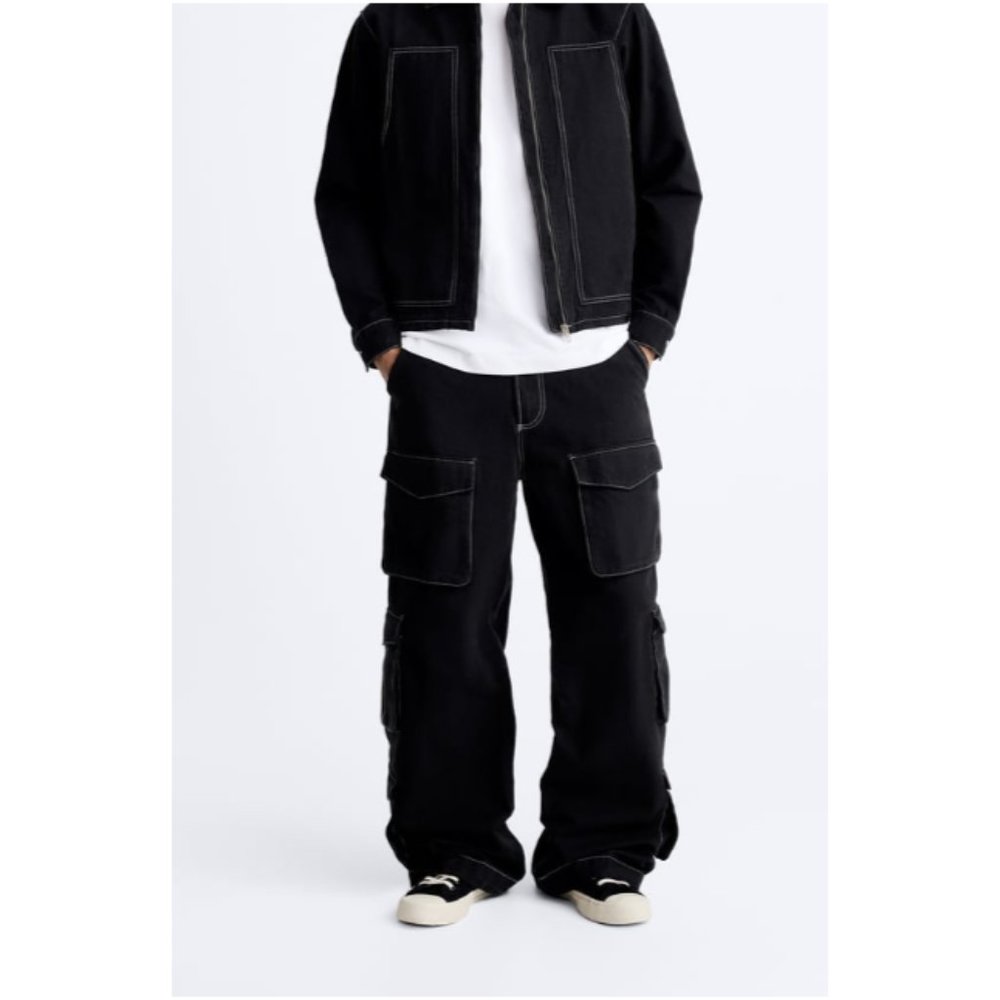 NWT Zara Man Utility Pocket Pants with Contrasting Topstitching Black Size 30